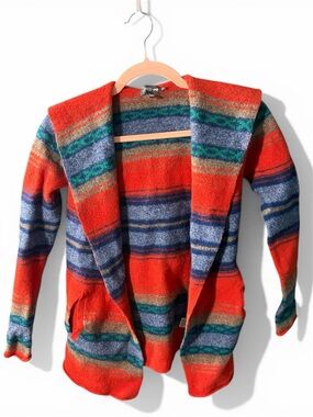 Toad&Co Red Multi-Stripe 100% Wool Hooded Cardigan